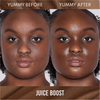 Das Gesicht einer Frau vor und nach der Anwendung von Danessa Myricks Beauty Yummy Skin Glow Serum Juice Boost für ein feuchtigkeitsspendendes, strahlendes Aussehen.