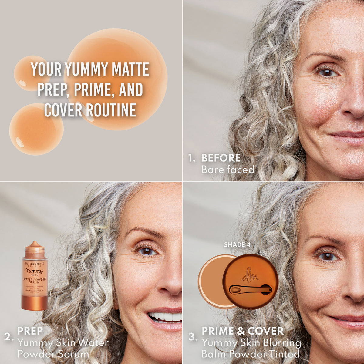 Eine Frau mit grauem, lockigem Haar trägt Yummy Skin Water Powder Serum auf und zeigt im Vorher-Nachher-Vergleich eine glattere Haut.