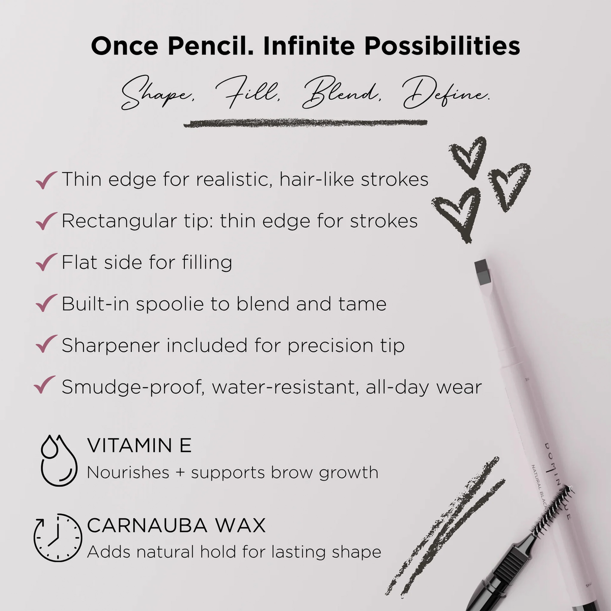Werbegrafik für Dominique Brow Pencil mit Vorteilen wie präziser Spitze, Spoolie, Anspitzer, wasserfest, plus Vitamin E und Carnaubawachs.