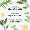 Grafik mit Inhaltsstoffen: Glykolsäure peelend, Salbeiextrakt antioxidativ, Aloe vera beruhigend und feuchtigkeitsspendend – dekoriert mit Pflanzenbildern.