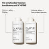 Zwei Flaschen OLAPLEX FINE Conditioner und Shampoo vor weißem Hintergrund; danzu Produktvorteile.