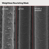 Drei Nahaufnahmen von Haarsträhnen, beschriftet vor und nach der Anwendung der OLAPLEX Weightless Nourishing Mask sowie nach 5 Haarwäschen, zeigen eine zunehmend glattere Textur.