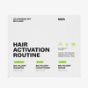 Produktbox mit der Aufschrift ‘Hair Activation Routine’ Men für Shampoo, Conditioner und Serum.