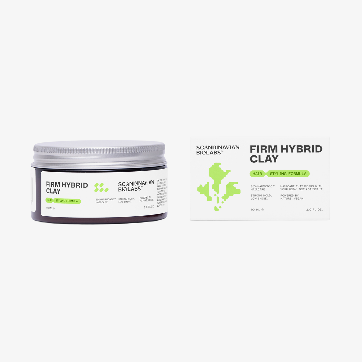 Scandinavian Biolabs Firm Hybrid Clay Tiegel und Box auf weißem Hintergrund.