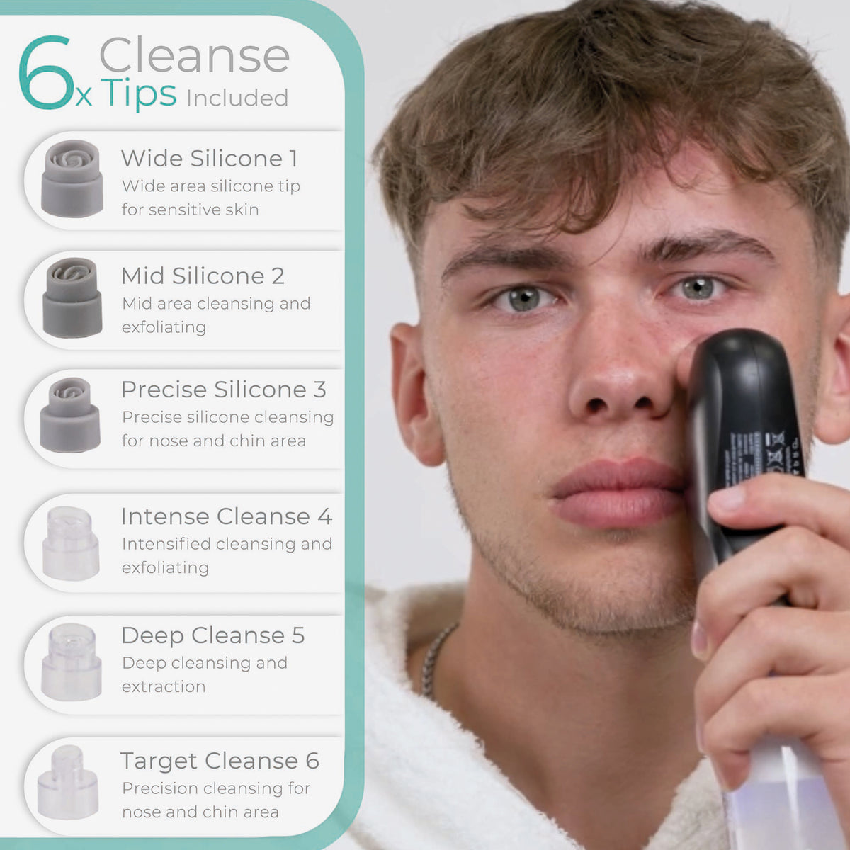 Mann reinigt sein Gesicht mit dem STYLPRO Hydro Exfoliator; links Auflistung der 6 mitgelieferten Reinigungsaufsätze mit Beschreibung.