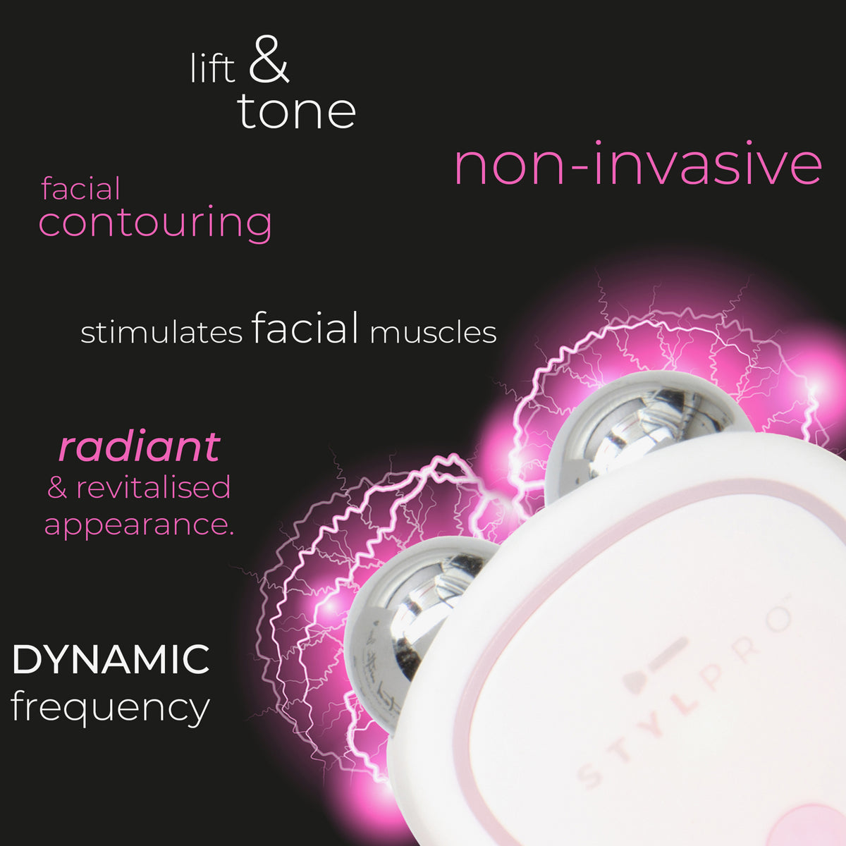 STYLPRO Microcurrent-Gerät vor schwarzem Hintergrund mit pinkem Strom-Effekt und Schlagworten wie „non-invasive“ und „facial contouring“.