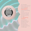 Rückseite des rosa STYLPRO Reinigungsgeräts mit Metallgriff vor Wellenmuster; Text erklärt Wirkung sanfter, vibrierender Schallreinigung.