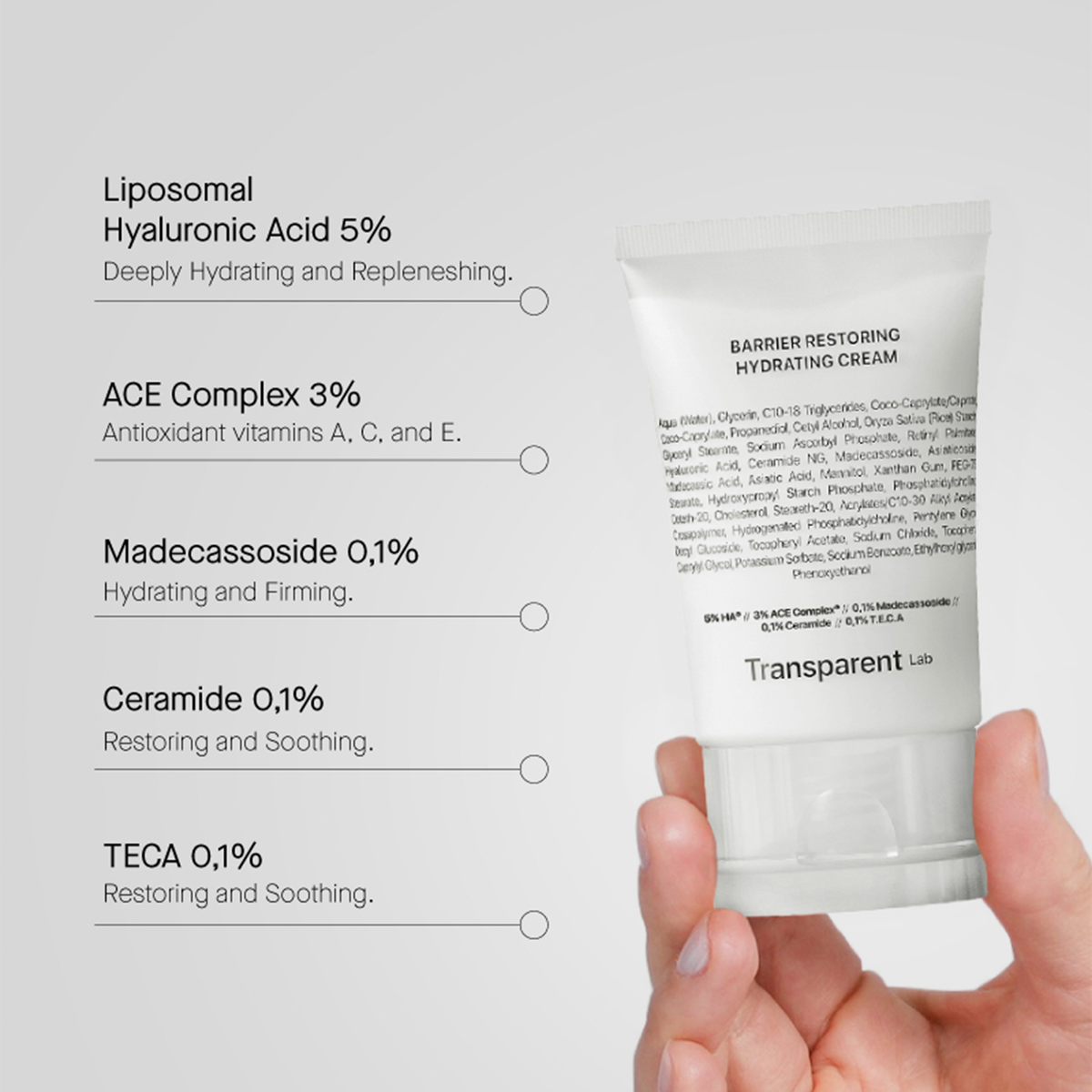 Eine Hand hält eine Tube Barrier Restoring Hydrating Cream, daneben sind die Vorteile und Inhaltsstoffe aufgeführt.