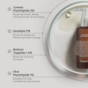 Flasche Hair Density Scalp Treatment auf einer Petrischale mit Angaben zu Inhaltsstoffen wie Kurkuma, Biotinyl, Olivenphytopeptid und Densidyl links.