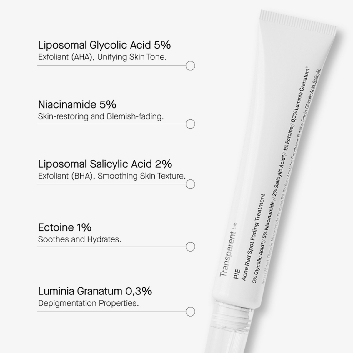 Auf der Tube der P.I.E Acne Red Spot Fading Treatment-Behandlung sind die Inhaltsstoffe und Vorteile auf einem weißen Hintergrund aufgeführt.