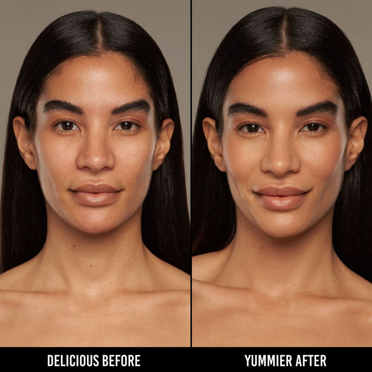 Vorher-Nachher-Bild einer Frau mit mittlerem Hautton nach Anwendung der Yummy Skin Serum Foundation 10G – sichtbar ebenmäßiger Teint.