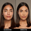 Vorher-Nachher-Bild einer Frau mit mittlerem Hautton nach Anwendung der Yummy Skin Serum Foundation 9N – sichtbar ebenmäßiger Teint.
