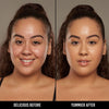 Vorher-Nachher-Bild einer Frau mit hell bis mittlerem Hautton nach Anwendung der Yummy Skin Serum Foundation 8P – sichtbar ebenmäßiger Teint.