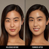 Vorher-Nachher-Bild einer Frau mit hell bis mittlerem Hautton nach Anwendung der Yummy Skin Serum Foundation 7N – sichtbar ebenmäßiger Teint.