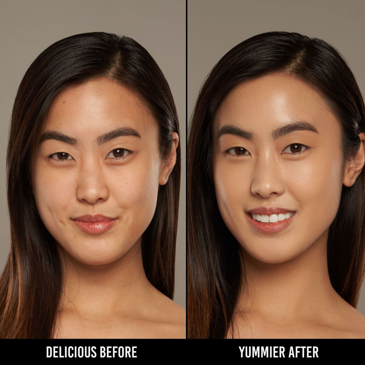 Vorher-Nachher-Bild einer Frau mit hell bis mittlerem Hautton nach Anwendung der Yummy Skin Serum Foundation 7N – sichtbar ebenmäßiger Teint.