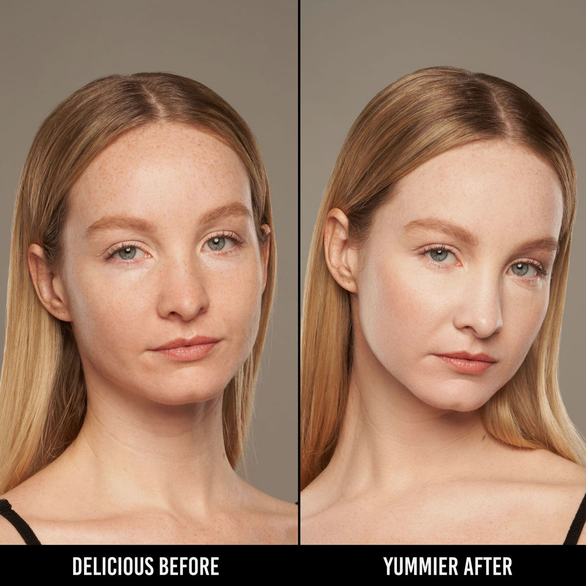 Vorher-Nachher-Bild einer Frau mit hellem Hautton nach Anwendung der Yummy Skin Serum Foundation 3P – sichtbar ebenmäßiger Teint.