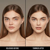 Vorher-Nachher-Bild einer Frau mit hellem Hautton nach Anwendung der Yummy Skin Serum Foundation 2G – sichtbar ebenmäßiger Teint.