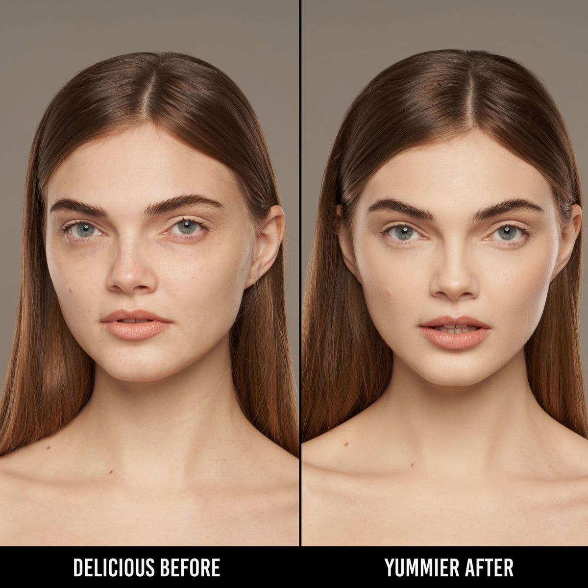 Vorher-Nachher-Bild einer Frau mit hellem Hautton nach Anwendung der Yummy Skin Serum Foundation 2G – sichtbar ebenmäßiger Teint.
