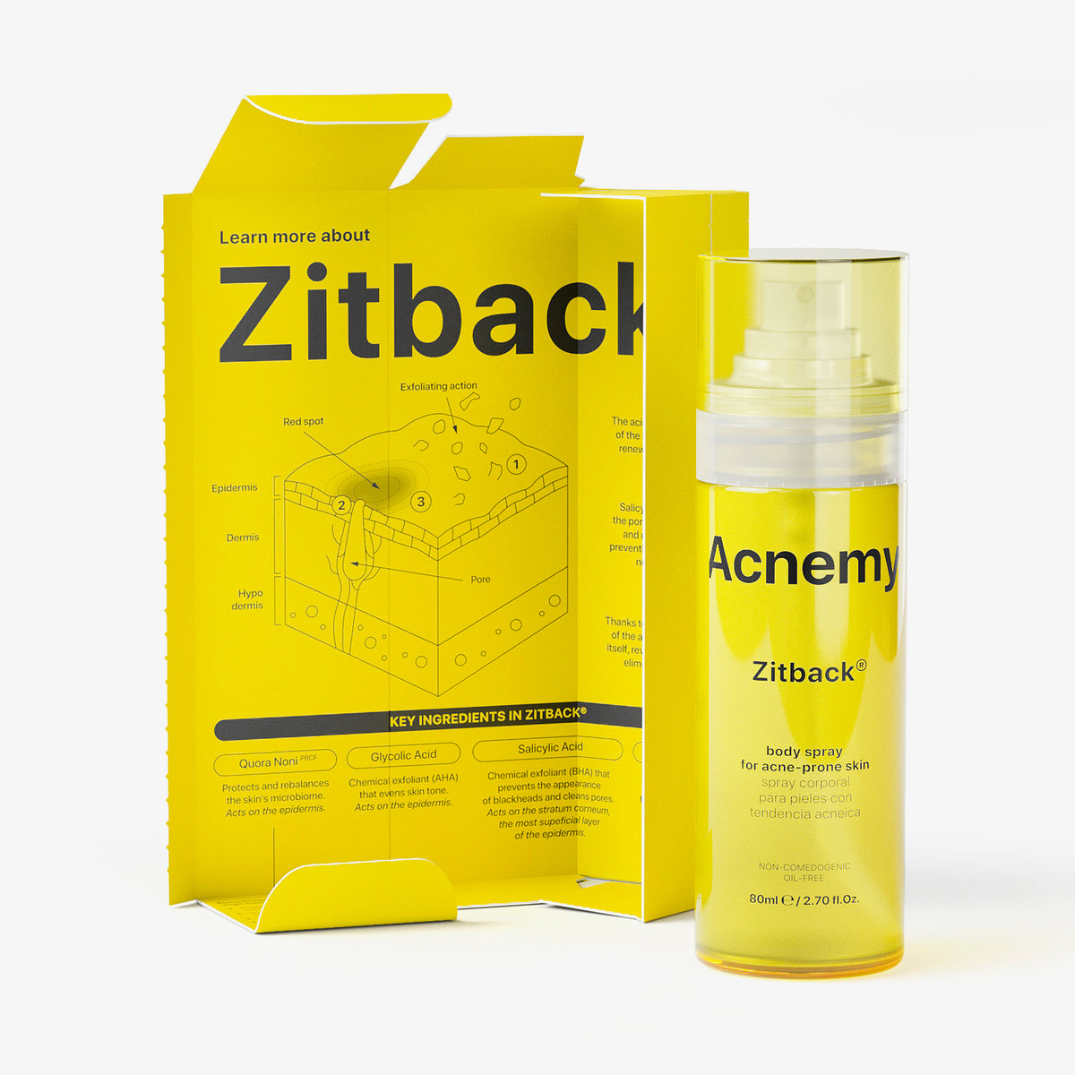 Das Zitback Spray neben geöffneter Verpackung vor weißem Hintergrund