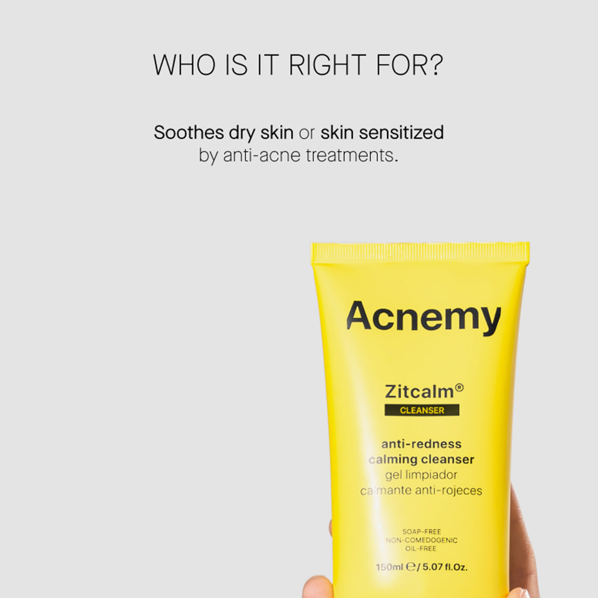 Eine Hand hält eine gelbe Tube Zitcalm, darüber Info für wen es sich eignet.