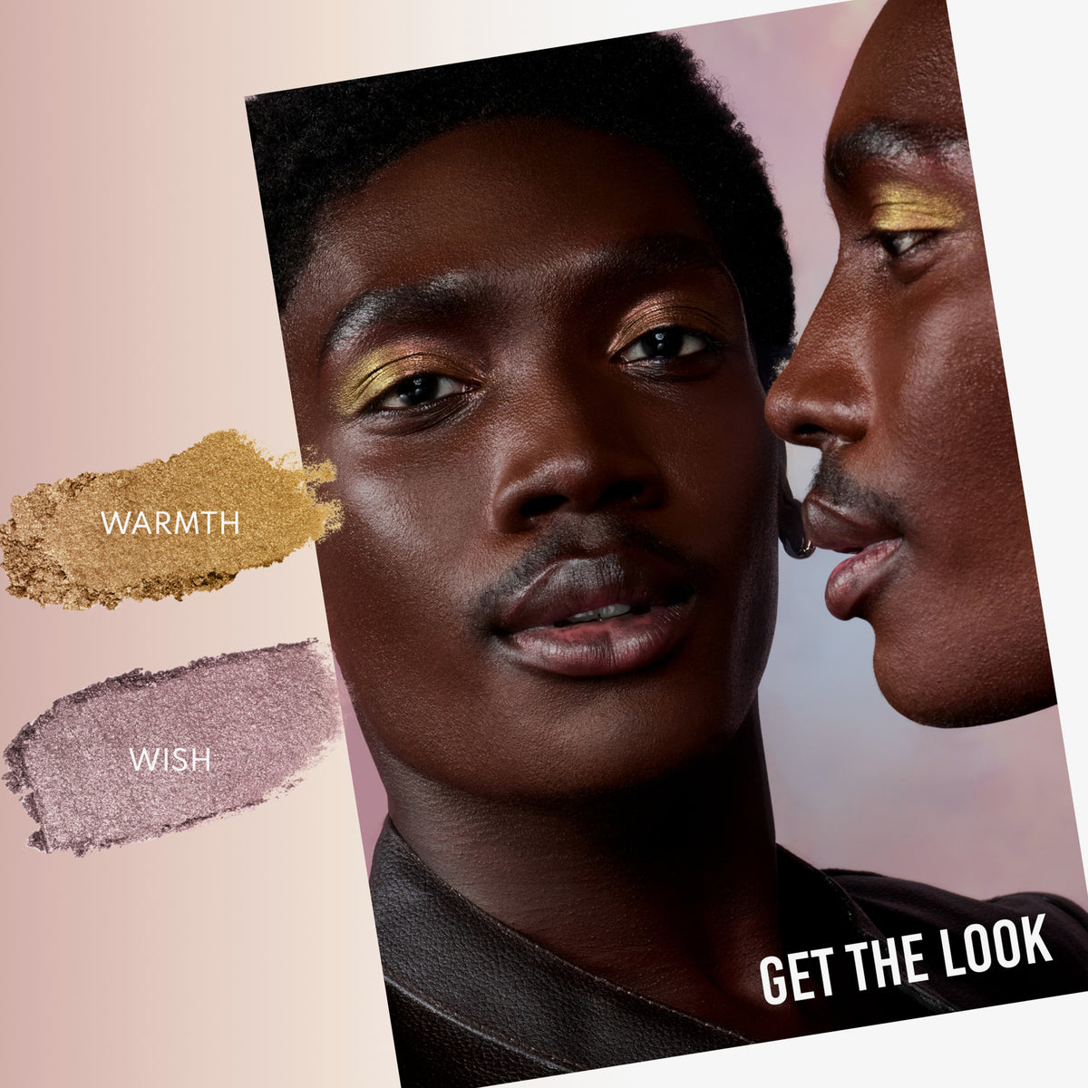 Make-up Look an einem Mann mit der Lightwork VII Palette: Shades Warmth und Wish für ein strahlendes Augen-Make-up mit goldenen und violetten Akzenten.