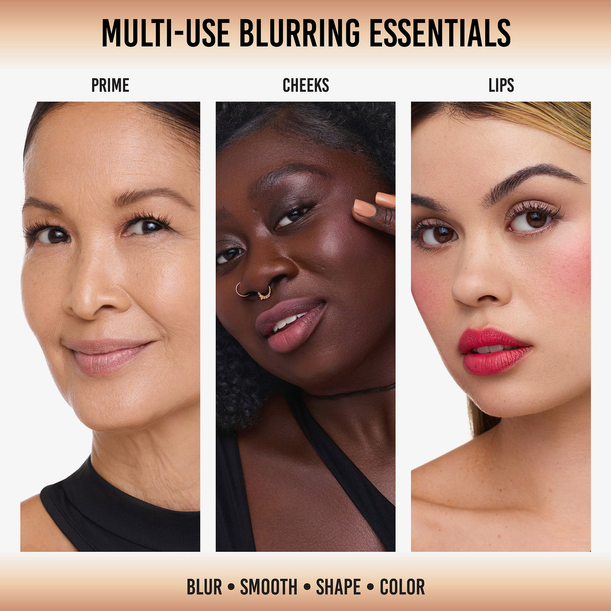 Drei Frauen zeigen Make-up-Looks mit dem „Yummy Skin Flushed Essentials Blush & Lip Kit“ von Danessa Myricks Beauty für Wangen und Lippen.