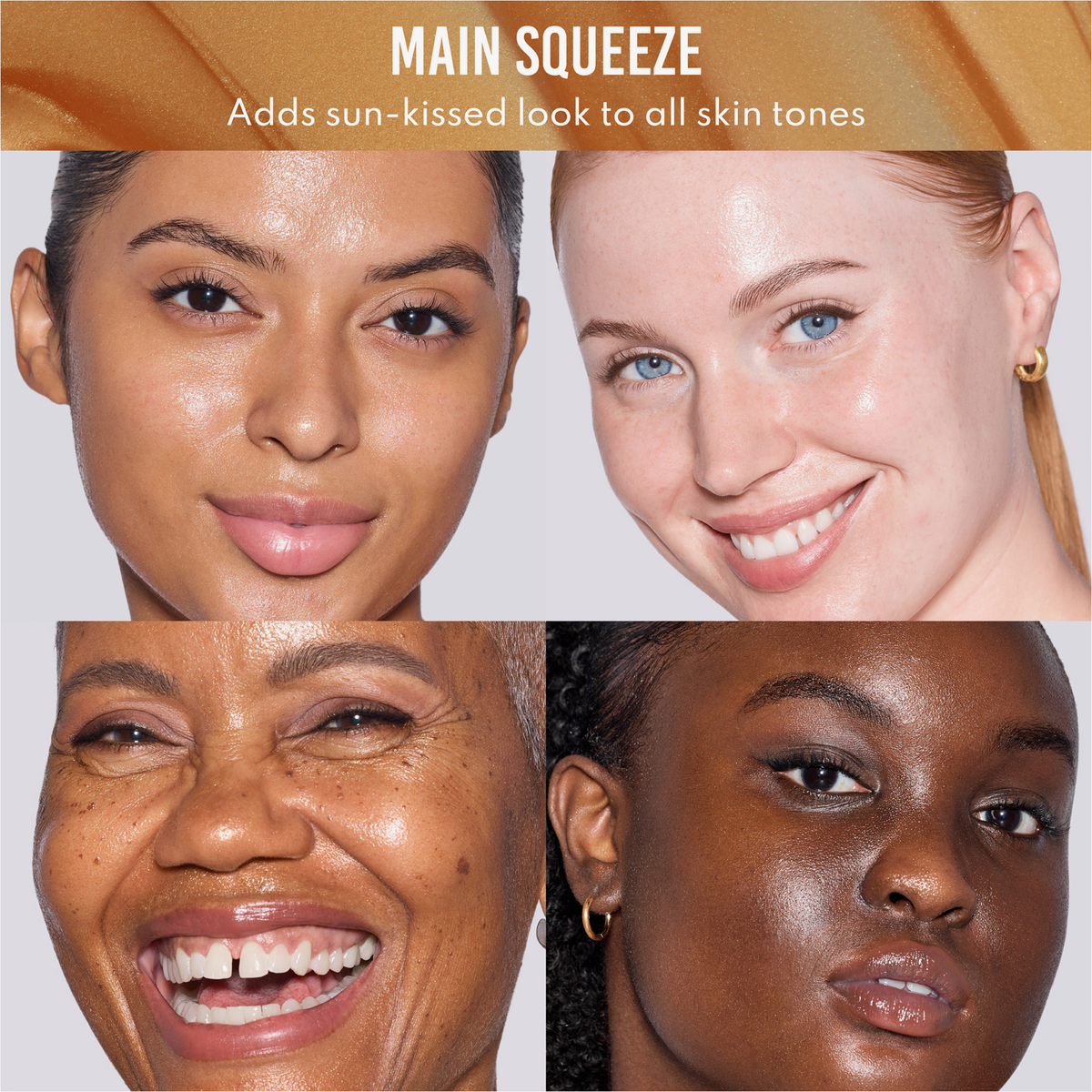 Vier Frauen mit unterschiedlichen Hauttönen, die alle mit strahlender, leuchtender Haut lächeln, präsentieren das Yummy Skin Glow Serum Main Squeeze von Danessa Myricks Beauty vor einem hellen Hintergrund.