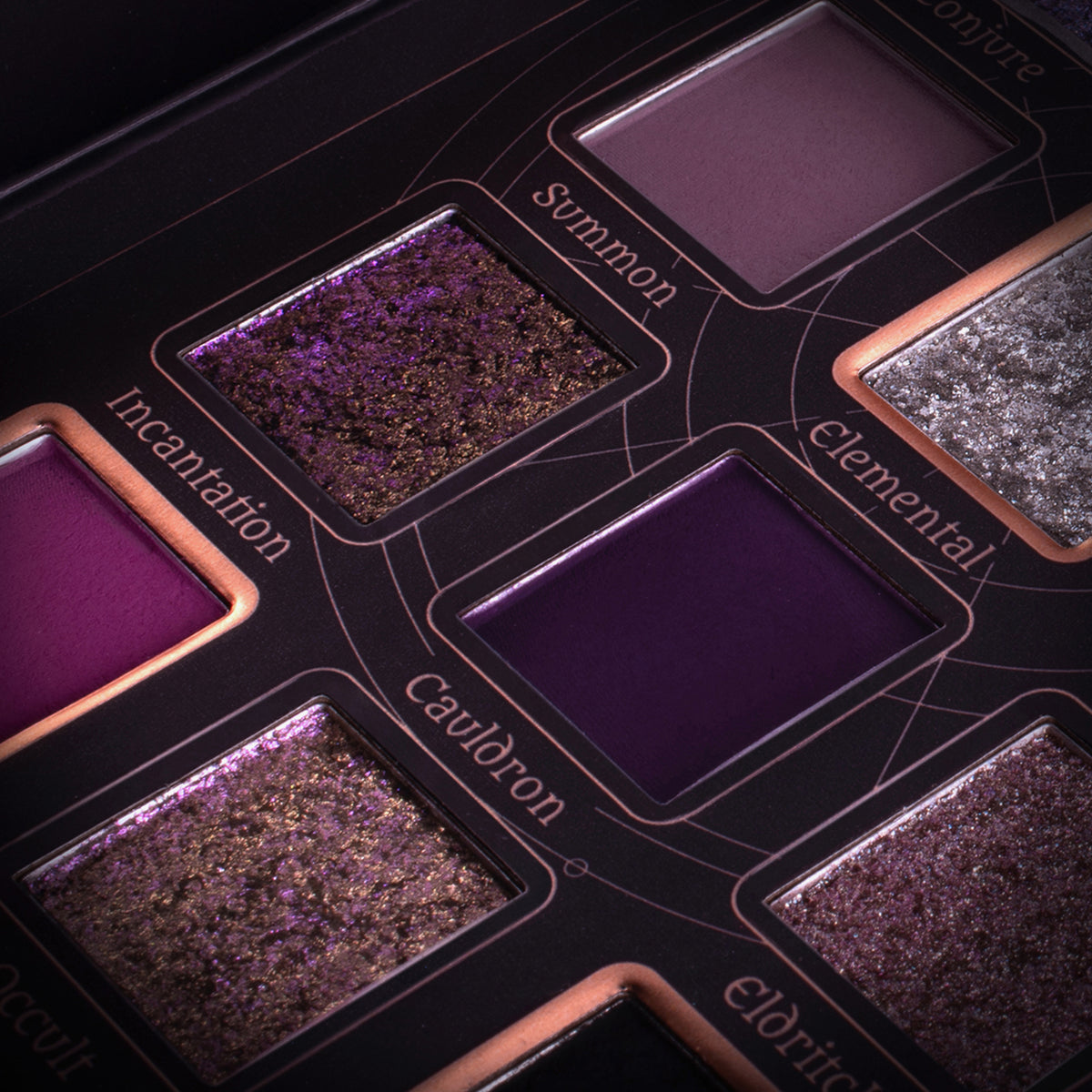 Eine Nahaufnahme der Spellcraft Pressed Powder Palette von Lethal Cosmetics mit schimmernden und matten Lilatönen, die jeweils mit mystischen Namen versehen sind.