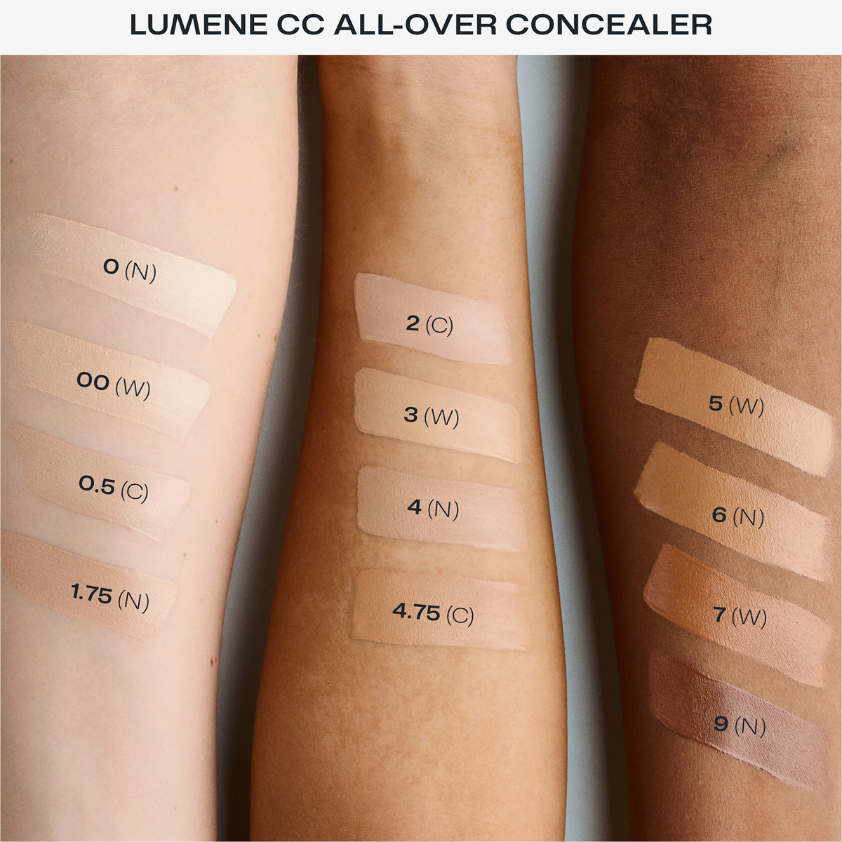 Arm-Swatches der Lumene CC Concealer Shades von 0 bis 9 auf heller, mittlerer und dunkler Haut, sortiert nach Unterton und Intensität.