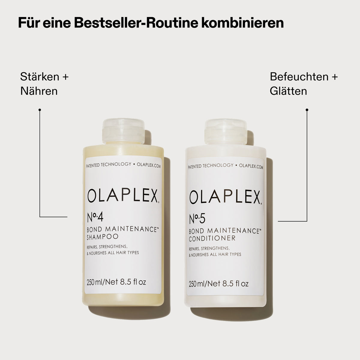Empfehlung der Kombination der OLAPLEX Bestseller N°4 Bond Maintenance Shampoo und N° 5 Conditioner auf weißem Hintergrund.