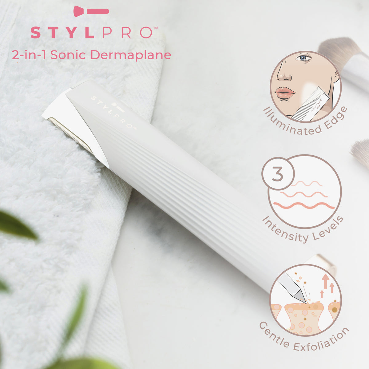 Infografik 2-in-1 Light Up Sonic Dermaplane; 3 Intensitätsstufen und sanften Peeling-Funktionen.