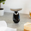 Der Fabulous Firmer Neck & Face Smoother in Schwarz und Silber steht auf einer Arbeitsplatte neben einer Topfpflanze und Seife.