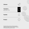 Hautpflegeroutine in 4 Schritten: Cleanse, Transform (markiert), Hydrate, Protect. Textur rechts abgebildet.