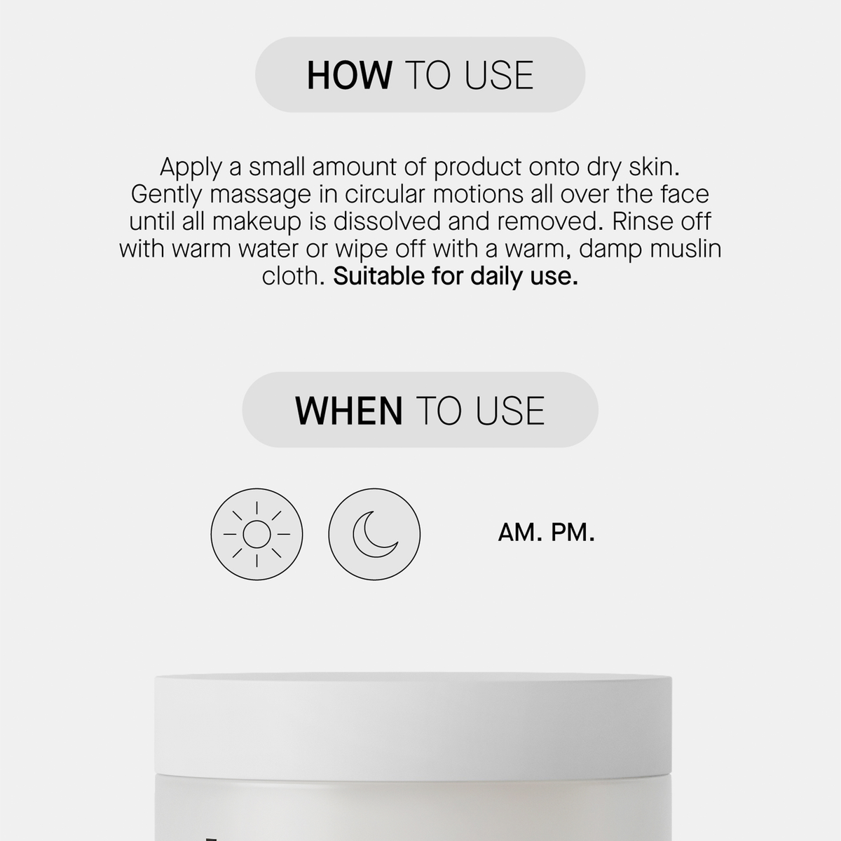 Textanweisungen für die Anwendung des Transparent Lab Cleansing Balm mit Symbolen für morgens und abends oberhalb des Produkttiegels.