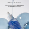 Ein Tropfer über der blauen Serumflasche Cu-Gf Solution von Transparent Lab mit einem Text zur Reparatur, Stärkung und Verjüngung der Haut.