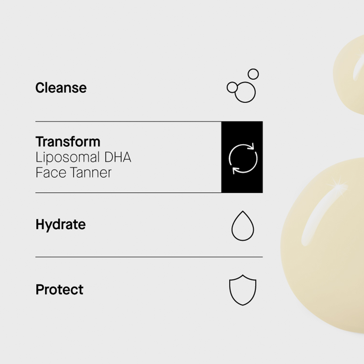 Minimalistische Hautpflege-Grafik mit Transparent Lab Liposomal DHA Face Tanner und einfachen Symbolen.