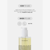 Eine Flasche Transparent Lab Well-Aging Body Oil mit den oben genannten Anweisungen zur täglichen Anwendung morgens und abends.