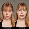 Vorher-Nachher-Bild einer Frau mit hellem Hautton nach Anwendung der Yummy Skin Serum Foundation 1P – sichtbar ebenmäßiger Teint.