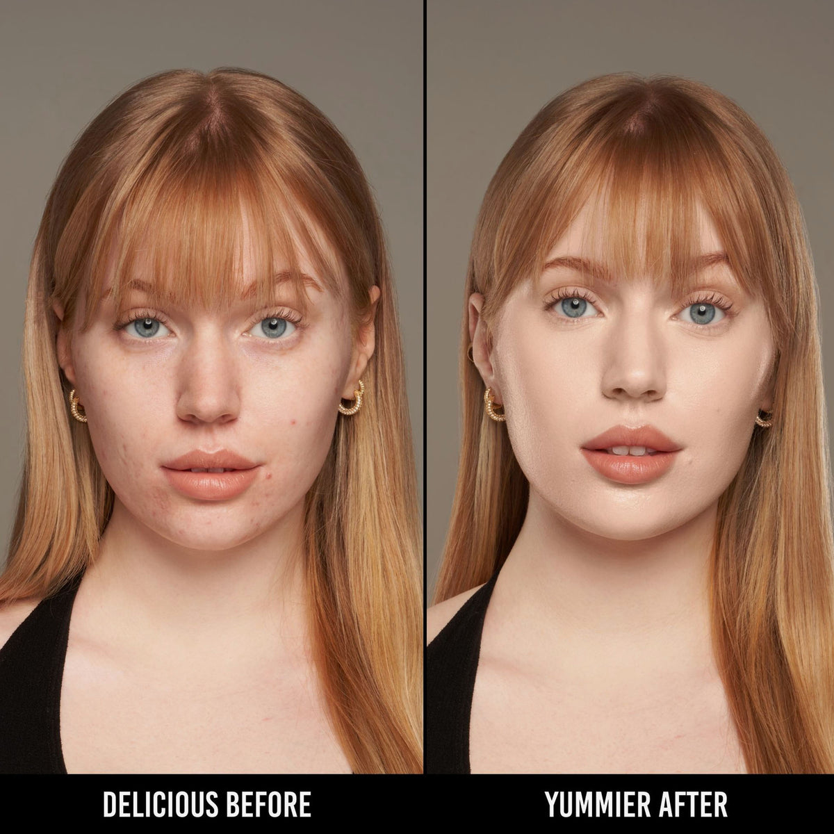 Vorher-Nachher-Bild einer Frau mit hellem Hautton nach Anwendung der Yummy Skin Serum Foundation 1P – sichtbar ebenmäßiger Teint.