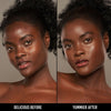 Vorher-Nachher-Bild einer Frau mit dunklem Hautton nach Anwendung der Yummy Skin Serum Foundation 24W – sichtbar ebenmäßiger Teint.