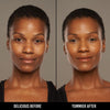 Vorher-Nachher-Bild einer Frau mit dunklem Hautton nach Anwendung der Yummy Skin Serum Foundation 18G – sichtbar ebenmäßiger Teint.
