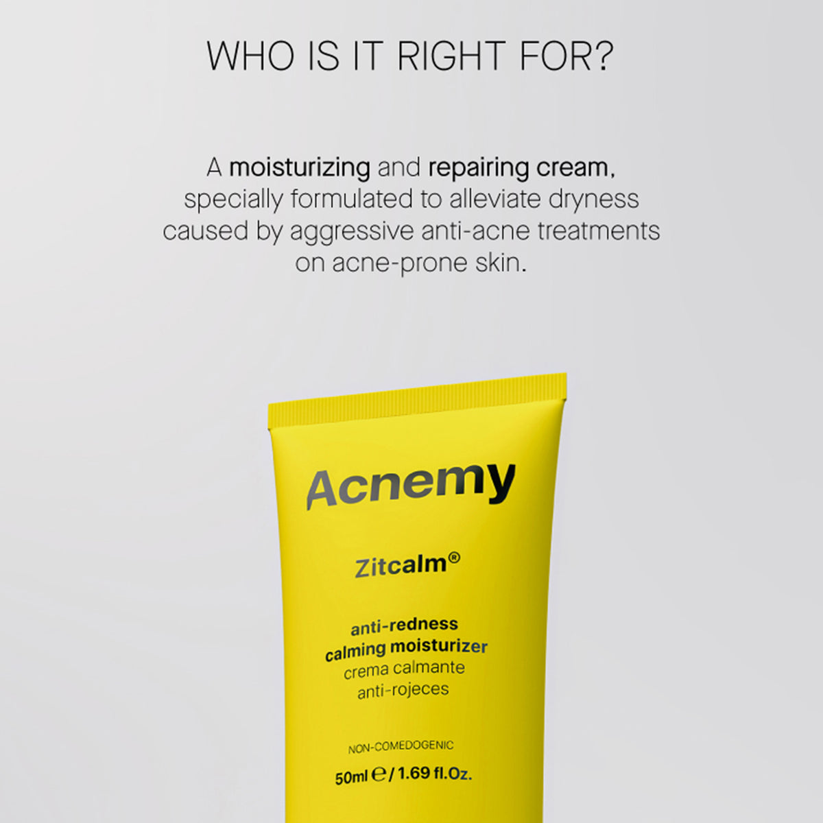 Gelbe Tube Zitcalm Moisturizer auf grauem Hintergrund mit beschreibendem Text darüber.