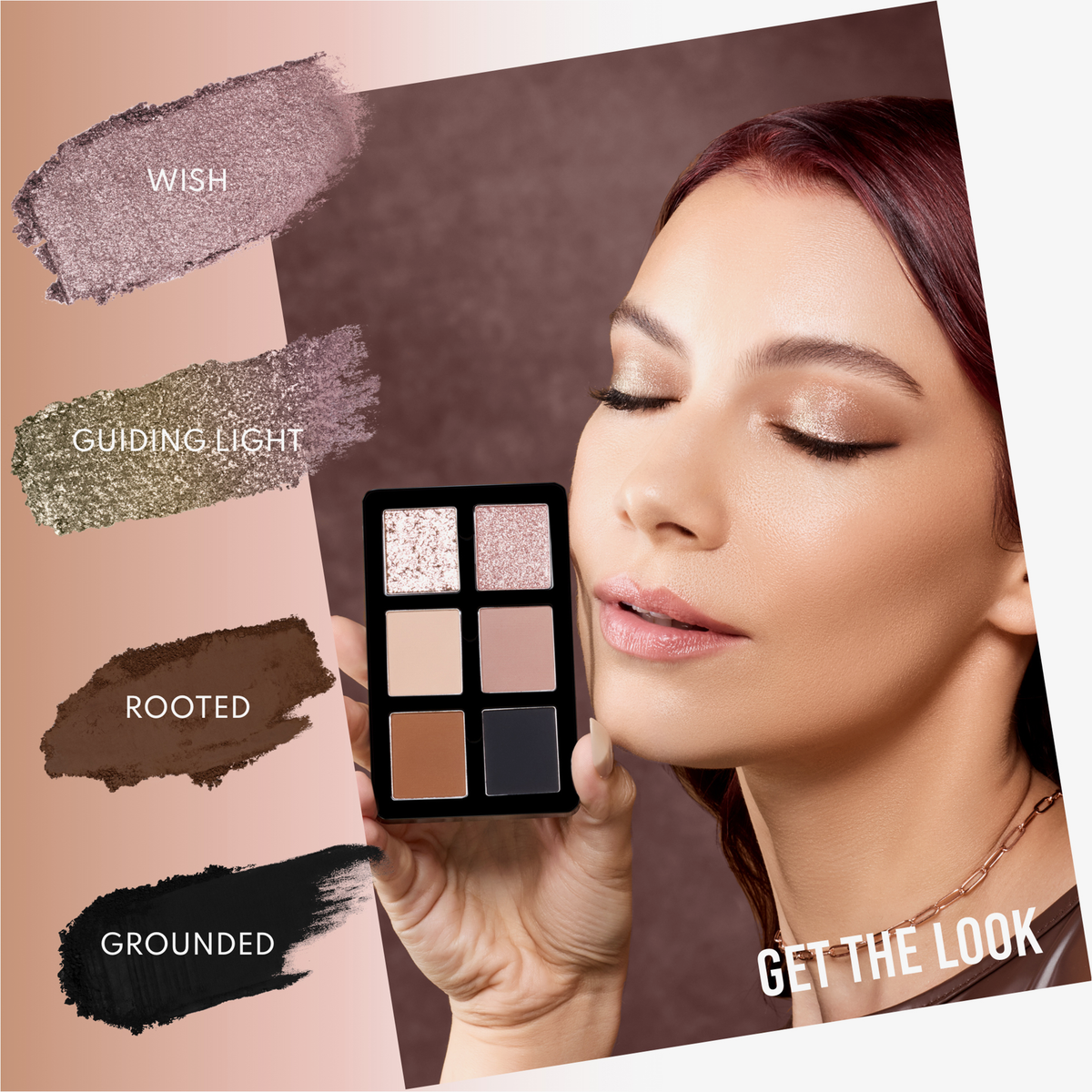 Eine Frau mit geschlossenen Augen hält die Danessa Myricks Beauty Lightwork Palette Freedom Palette Everyday Magic in der Hand. Sie zeigt vier Farbfelder mit den Bezeichnungen Wish, Guiding Light, Rooted und Grounded.