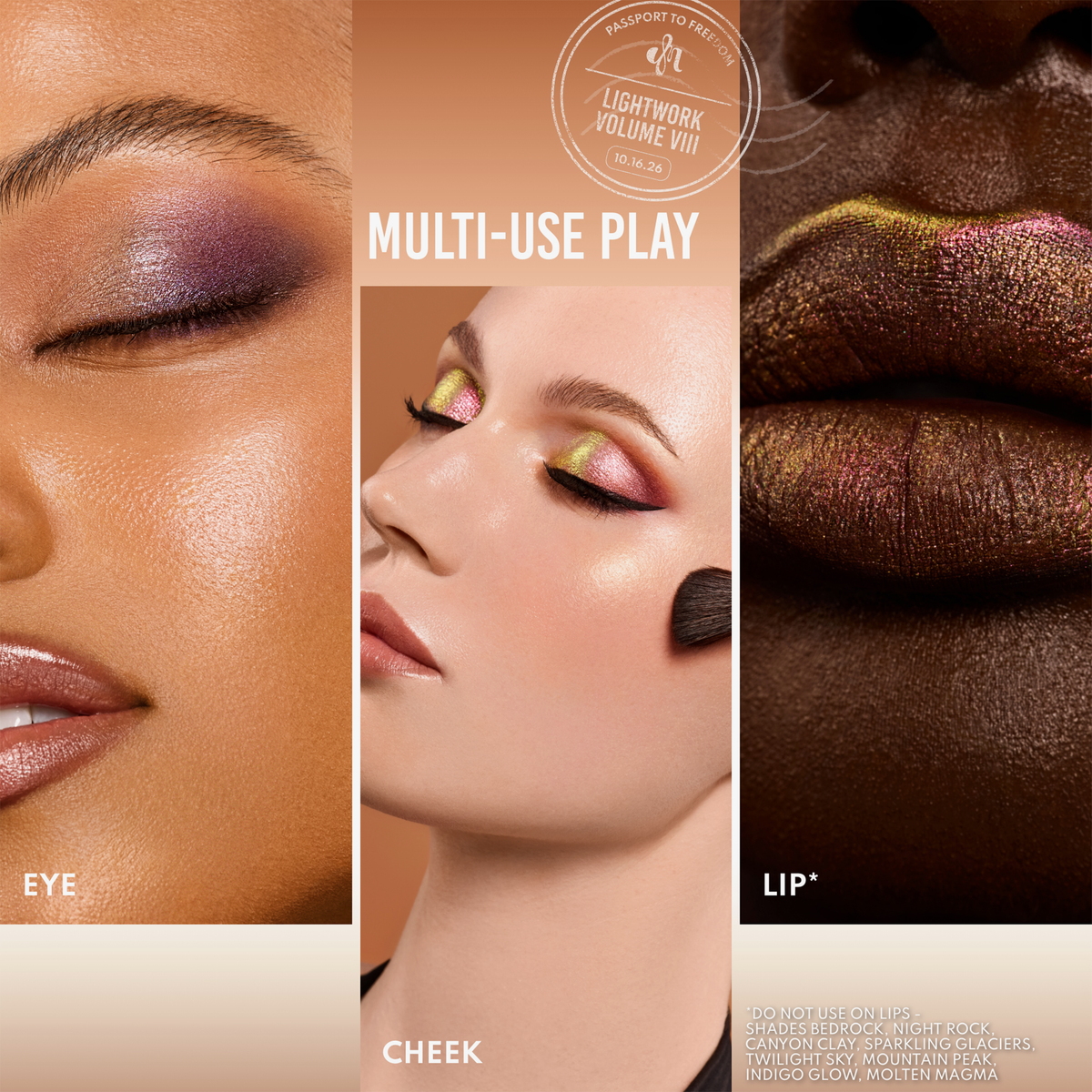 Drei Nahaufnahmen der Lightwork Palette VIII Freedom Palette, die das Auftragen von Make-up auf Augen, Wangen und Lippen zeigen.
