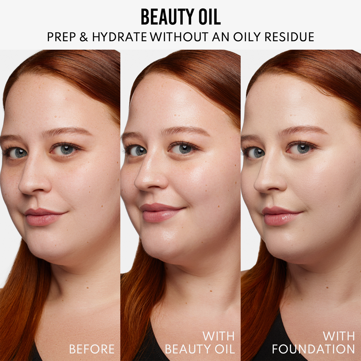 Seite an Seite einer Frau: vorher, mit Danessa Myricks Beauty Oil Original und mit Foundation - die Haut sieht glatter und hydratisiert aus.