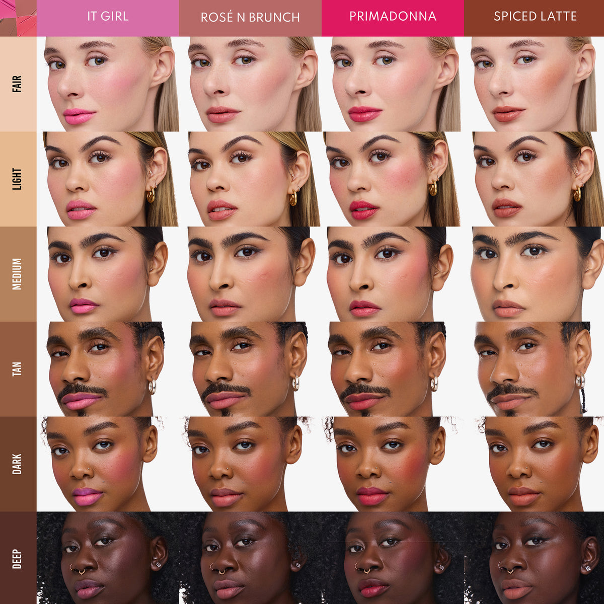 Sechs Reihen mit Models in vier Farbtönen des „Yummy Skin Flushed Essentials Blush & Lip Kit“ von Danessa Myricks Beauty.