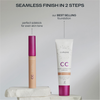 Lumene CC Concealer und CC Cream nebeneinander auf weißem Podest, beworben als Duo für ebenmäßigen Teint in zwei Schritten.