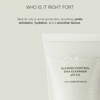 Ein Bild der Flasche des Blemish Control BHA Cleanser mit Text, der die Eignung für fettige oder zu Akne neigende Haut hervorhebt.