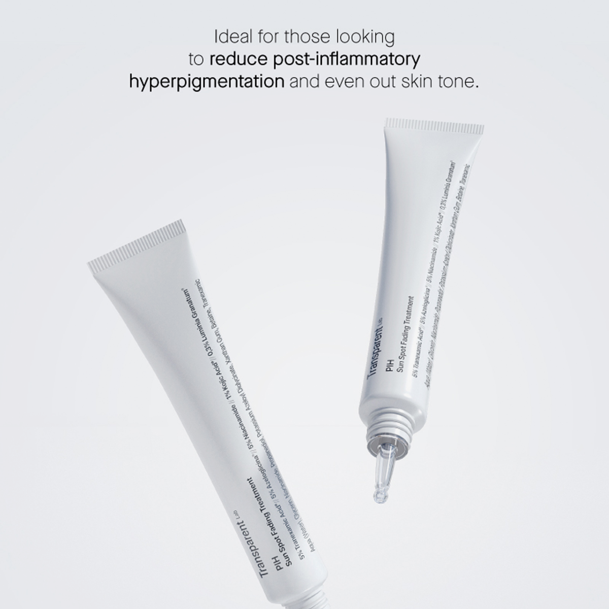 Zwei Tuben P.I.H. Sun Spot Fading Treatment auf hellgrauem Hintergrund unterhalb der aufgeführten Produkteigenschaften.