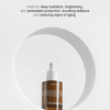 Eine Flasche Super C Serum unter einem runden Rahmen betont die feuchtigkeitsspendende, aufhellende und Anti-Aging-Wirkung.